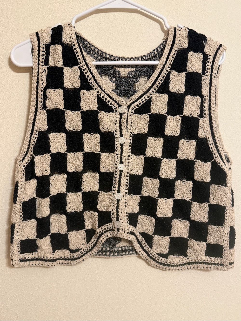 Vintage Crochet Checkerboard Sweater Vest Black Cream Rosette Patchwork M